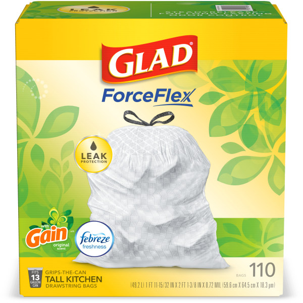 Glad ForceFlex Tall Kitchen Drawstring Trash Bags - 13 Gallon White Trash Bag  Gain Original scent with Febreze Freshness - 110 Count