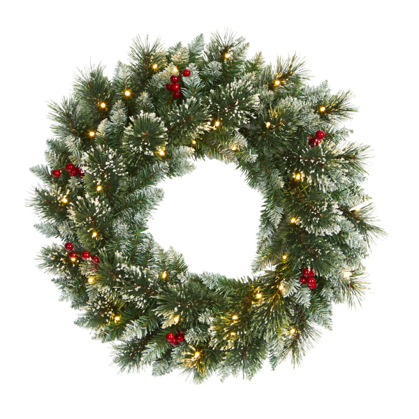 Frosted Swiss Pine Artificial Wreath with Lights and Berries, 24"