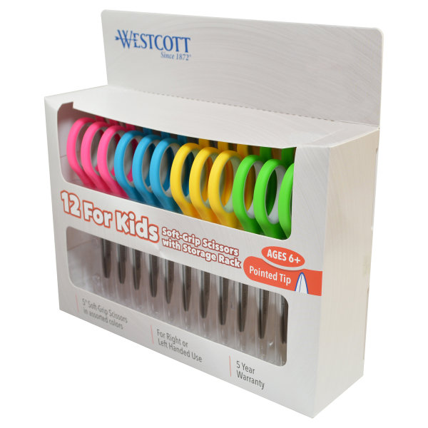 Soft-Handle Kids' Scissors, 5", Pointed, Assorted Colors, Pack Of 12