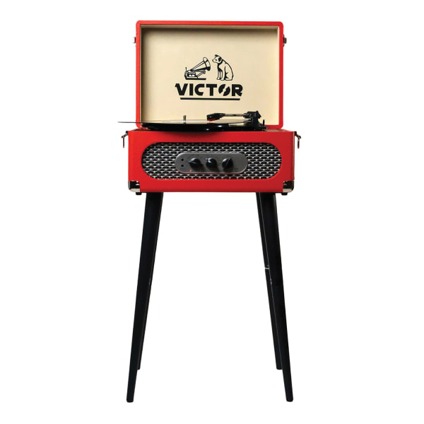 Victor Andover VWRP-3200 Dual-Bluetooth Belt-Drive 5-In-1 Suitcase-Style Record Player With FM Radio And Legs, 35.7""H x 15.8""W x 13""D, Red -  VWRP-3200-RD