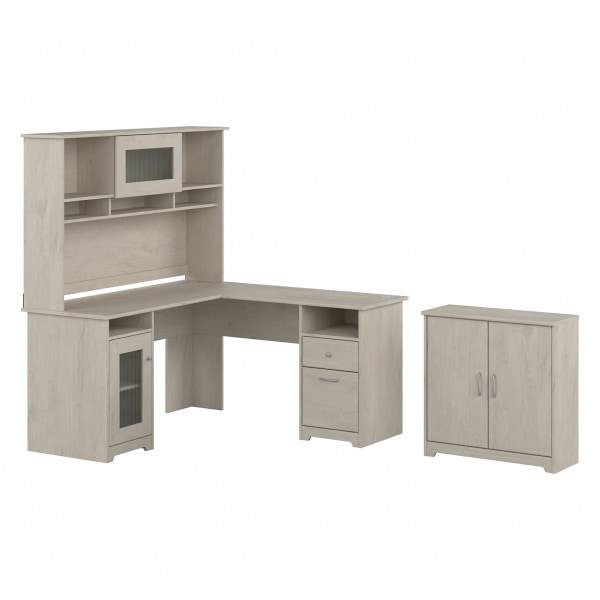 Bush Business Furniture Cabot 60""W L-Shaped Corner Desk With Hutch And Small Storage Cabinet With Doors, Linen White Oak, Standard Delivery -  CAB016LW