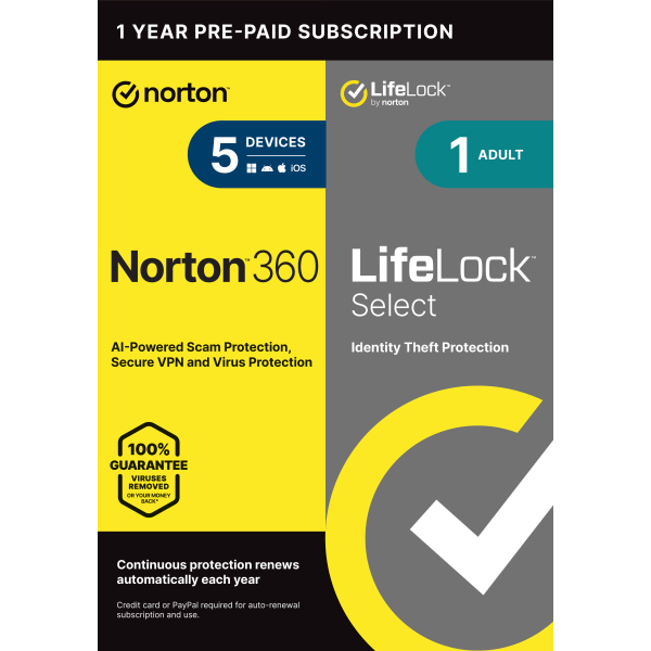 Norton 360/LifeLock Select Bundle, For 5 Devices