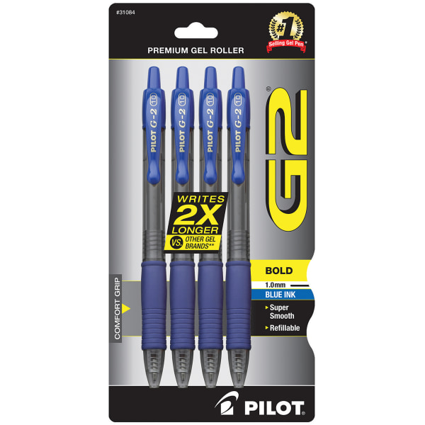 Pilot� G-2� Retractable Gel Pens, Bold Point, 1.0 mm, Clear Barrels, Blue Ink, Pack Of 4