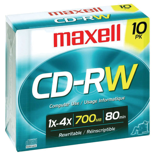 Maxell CDRW Rewritable Media With Jewel Cases 700MB80 Minutes Pack Of 10