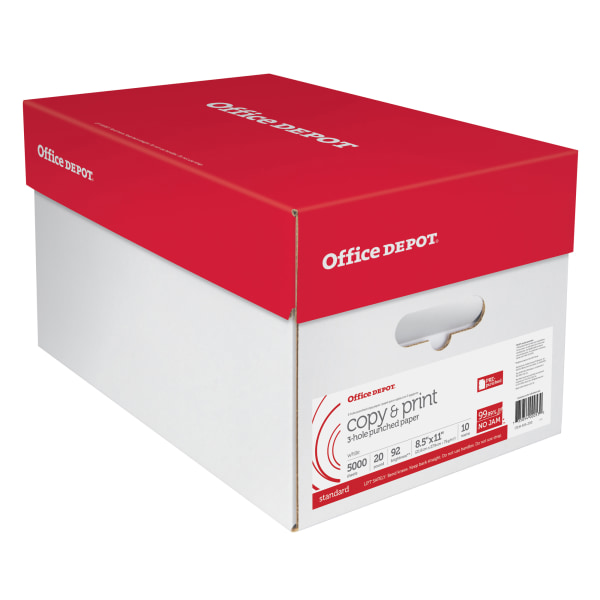 Office Depot® 3-Hole Punched Multi-Use Printer & Copy Paper, White, Letter (8.5" x 11"), 5000 Sheets Per Case, 20 Lb, 92 Brightness, Case Of 10 Reams
