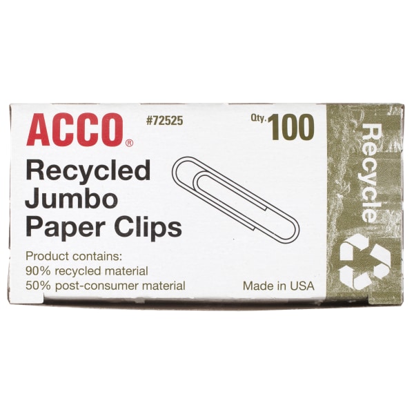 acco recycled paper clips  smooth  jumbo  100/box  6 boxes/pack  silver 