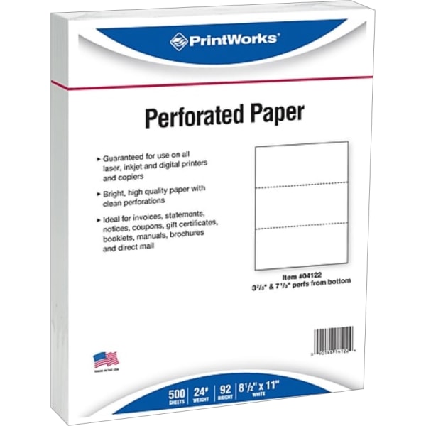 Printworks  PRB04122  Pre-Perforated Paper for Invoices  Statements  Gift Certificates  500 / Ream  White