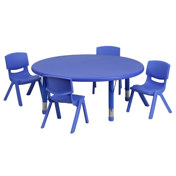 Flash Furniture Round Plastic Height-Adjustable Activity Table Set With 4 Chairs, 23-3/4""H x 45""W x 45""D, Blue -  YCX53RNDTBLBLE
