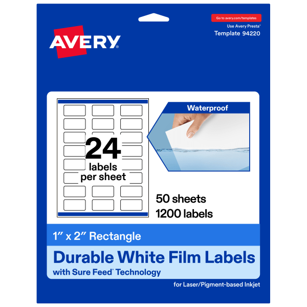 Avery® Waterproof Permanent Labels With Sure Feed®, 94220-WMF50, Rectangle, 1" x 2", White, Pack Of 1,200