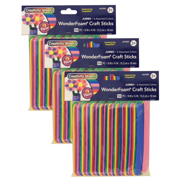 Pacon® Creativity Street WonderFoam Jumbo Craft Sticks, 6"" x 3/4"", Assorted Colors, 100 Sticks Per Pack, Set Of 3 Packs -  PACAC4352-3