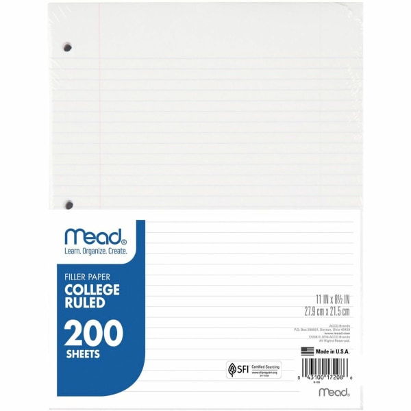 Mead Filler Paper  College Ruled  11  x 8.5   200 Sheets (17208) ((pack of 3 ))