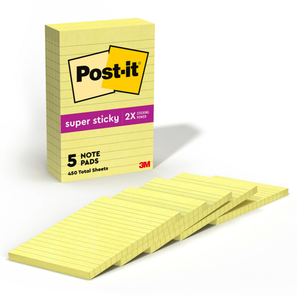 Post-it® Super Sticky Notes, 4 x 6 in, 5 Lined Sticky Note Pads, 90 Sheets/Pad, 2x the Sticking Power, Back to School Supplies, Canary Yellow