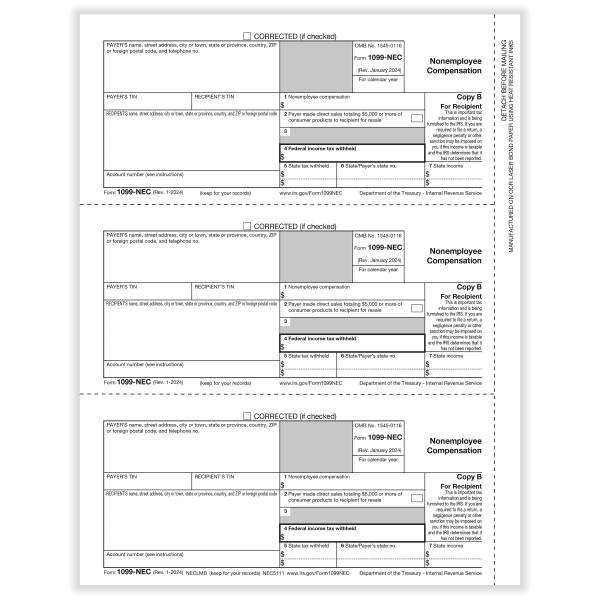 ComplyRight® 1099-NEC Tax Forms, Recipient Copy B, 3-Up, Laser, 8-1/2"" x 11"", Pack Of 150 Forms -  NEC511150OD