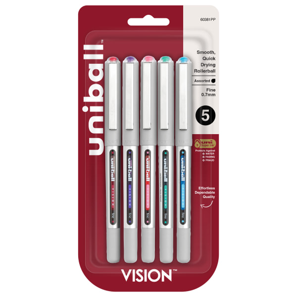 uni-ball Vision Rollerball Pens, Fine Point, 0.7 mm, Assorted Barrels, Assorted Ink Colors, Pack Of 5