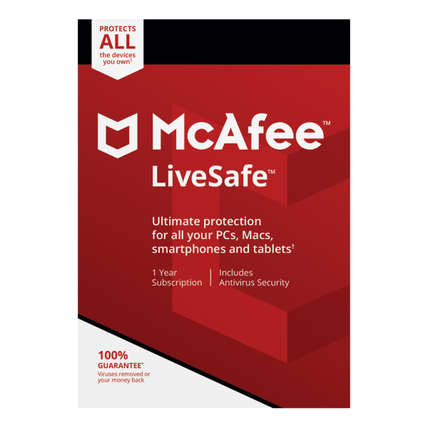 McAfee® LiveSafe™, Unlimited Devices, For PC/Mac®/iOS/Android, 1-Year Subscription, Auto-Renewal -  MLS9AEODURARR