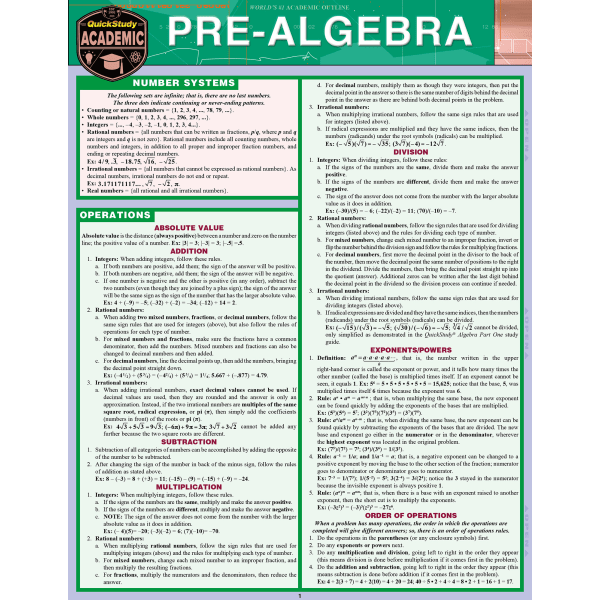 QuickStudy Guide, Pre-Algebra,