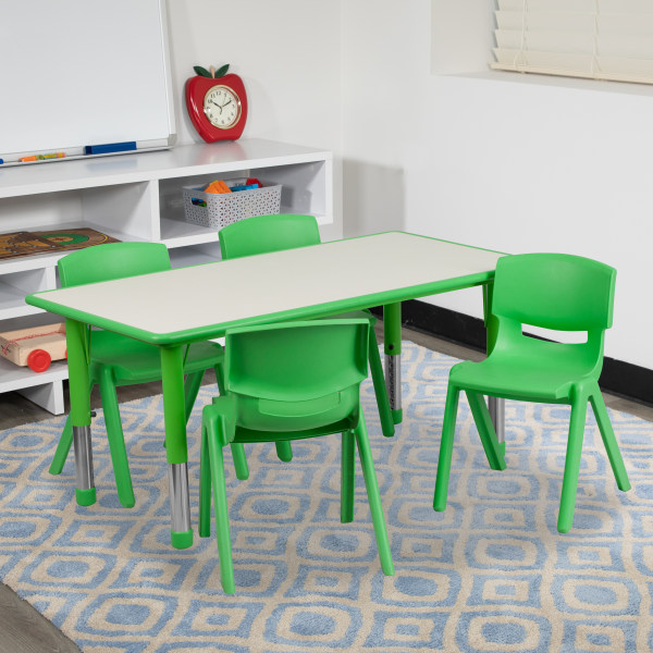Flash Furniture Rectangular Plastic Height-Adjustable Activity Table Set With 4 Chairs, 23-1/2""H x 23-5/8""W x 47-1/4""D, Green -  YU-YCY-060-0034-RECT-TBL-GREEN-GG