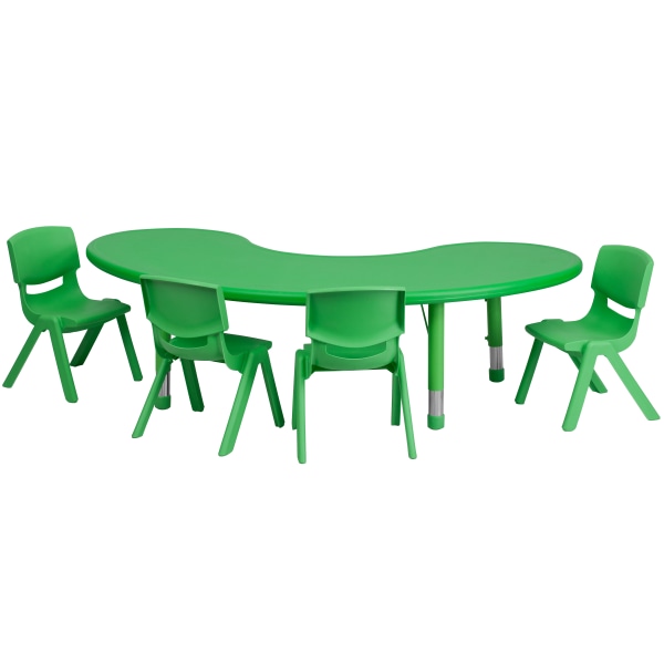 Flash Furniture Half-Moon Plastic Height-Adjustable Activity Table Set With 4 Chairs, 23-3/4""H x 35""W x 65""D, Green -  YU-YCX-0043-2-MOON-TBL-GREEN-E-GG