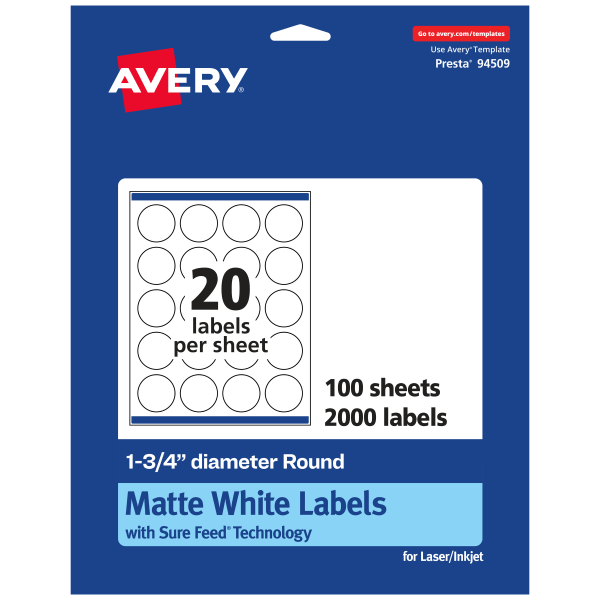 Avery® Permanent Labels With Sure Feed®, 94509-WMP100, Round, 1-3/4" Diameter, White, Pack Of 2,000
