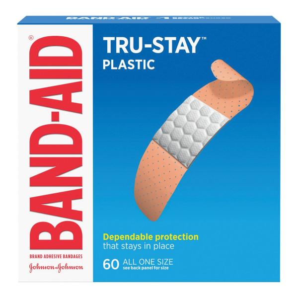 Band-Aid Brand Tru-Stay Plastic Strips Adhesive Bandages, All One Size, 60/Count (513186) | Quill