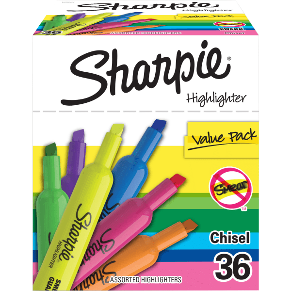 Sharpie Tank Highlighters  Chisel Tip  Assorted Color Highlighters  Value Pack  36 Count