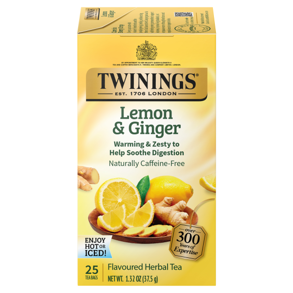 Twinings Lemon & Ginger Herbal Decaffeinated Tea Bags, 1.32 Oz, Box Of 25