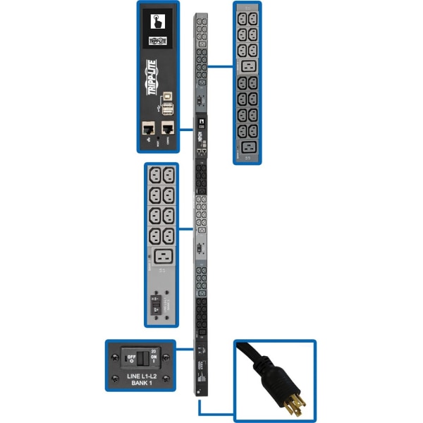 Tripp Lite 10kW 3-Phase Monitored PDU, LX Interface, 200/208/240V Outlets (42 C13/6 C19), LCD, NEMA L15-30P, 3m/10 ft. Cord, 0U 1.8m/70 in. Height, TA -  PDU3EVN10L1530B