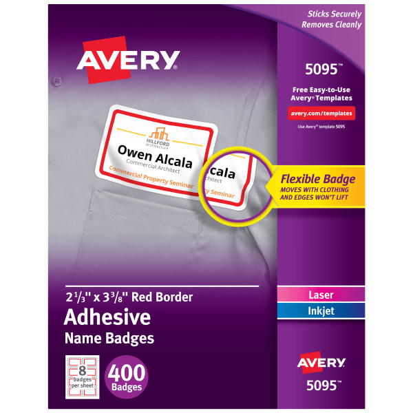 Avery Flexible Printable Name Tags  2-1/3  x 3-3/8  Rectangle Labels  White with Red Border  400 Removable Name Badges (05095)