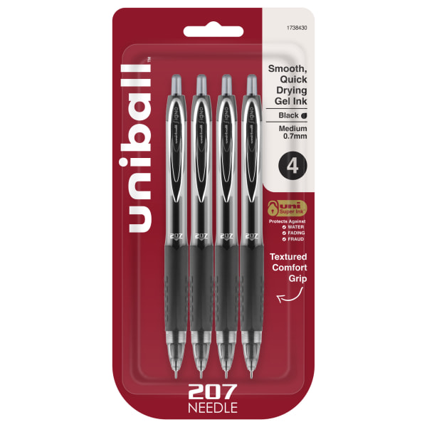 uni-ball Signo Gel 207 Retractable Gel Pens, Medium Point, 0.7 mm, Clear Barrels, Black Ink, Pack Of 4