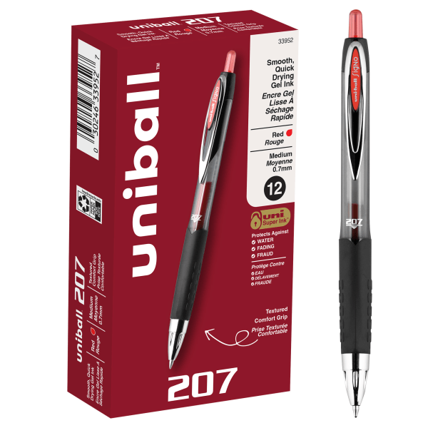 uni-ball 207 Retractable Fraud Prevention Gel Pens, Medium Point, 0.7 mm, Black Barrels, Red Ink, Pack Of 12 - 33952 - Office Supplies Medium point 0.7 mm retractable gel pens blend det sku 33952