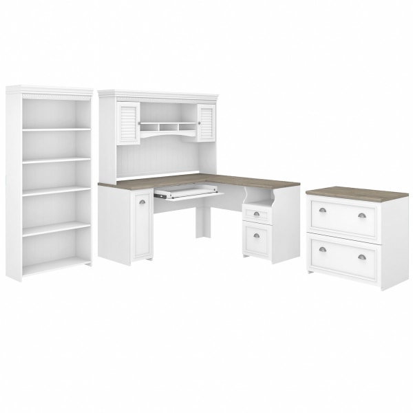 Bush Business Furniture Fairview 60""W L-Shaped Corner Desk With Hutch, Lateral File Cabinet And 5-Shelf Bookcase, Shiplap Gray/Pure White, Standard De -  FV006G2W