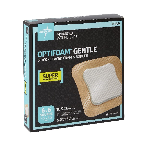 Medline Optifoam® Gentle Silicone-Faced Foam & Border Dressings, 6"" x 6"", Natural, Box Of 10 -  MSC2166EPZ