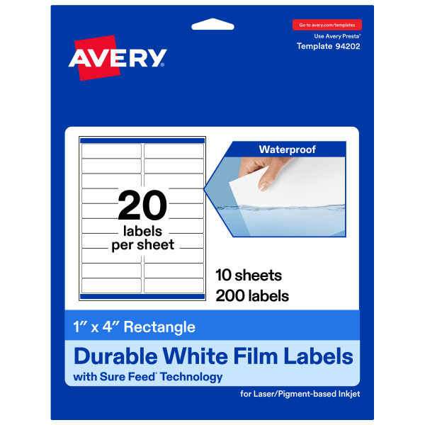 Avery® Waterproof Permanent Labels With Sure Feed®, 94202-WMF10, Rectangle, 1" x 4", White, Pack Of 200