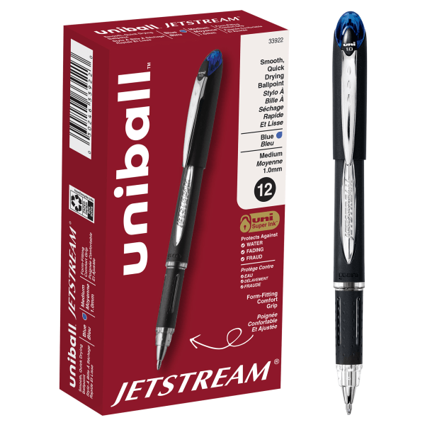 uni-ball Jetstream Ballpoint Pens, Bold Point, 1.0 mm, Black Barrel, Blue Ink, Box Of 12