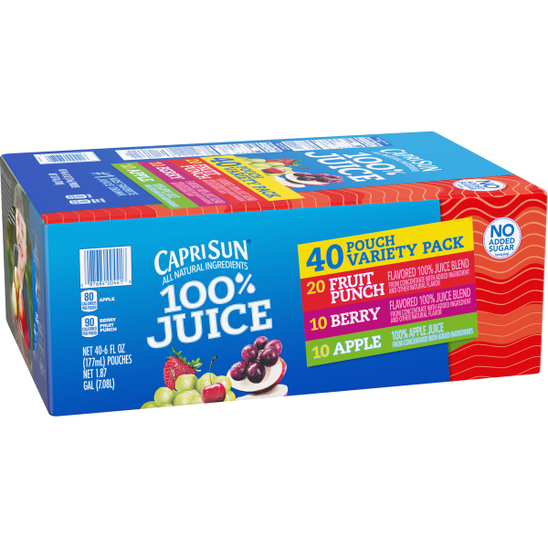 Capri Sun 100% Juice Variety Pack, No Sugar Added, 6 fl. oz, 40 Pouches/Box (441) | Quill
