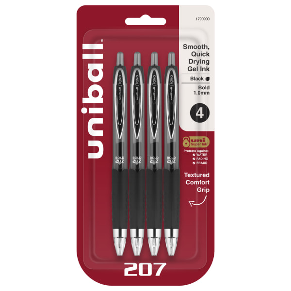 uni-ball 207 Retractable Fraud Prevention Gel Pens, Bold Point, 1.0 mm, Translucent Black Barrels, Black Ink, Pack Of 4