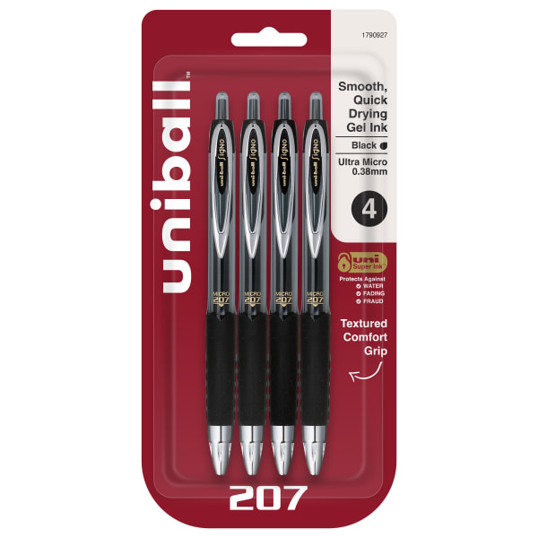 uni-ball 207 Retractable Fraud Prevention Gel Pens, Ultra Micro Point, 0.38 mm, Translucent Black Barrels, Black Ink, Pack Of 4
