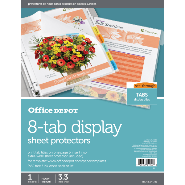 Office Depot? Brand Tabbed Sheet Protectors, 8-Tab, Assorted Colors 12 pc.