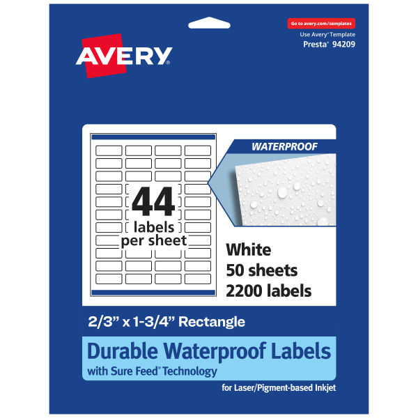 Avery� Durable Waterproof Permanent Labels With Sure Feed, Print To The Edge, 94209 Wmf50, Rectangle, 2/3" X 1 3/4", White, Pack Of 2,200 Labels