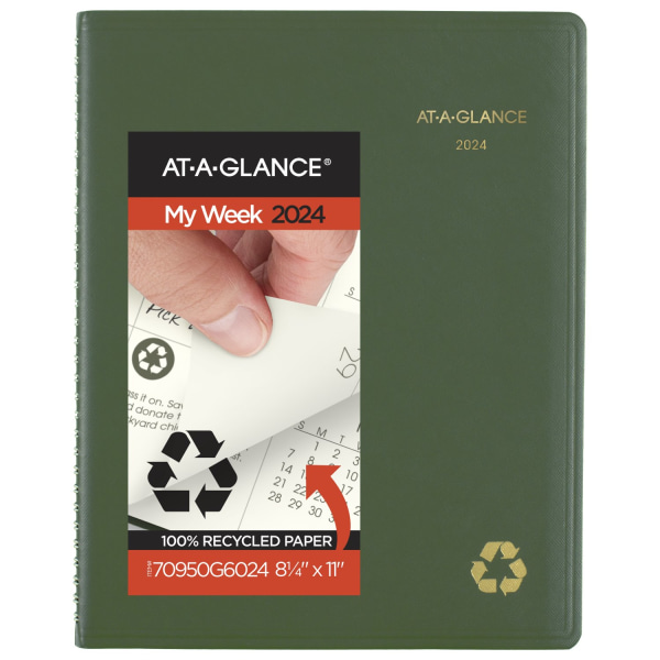 2024 AT-A-GLANCE� Recycled Weekly/Monthly Appointment Book Planner, 8-1/4" x 11", 100% Recycled, Green, January To December 2024, 70950G60