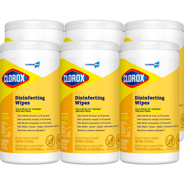 Clorox® Disinfecting Wipes, 7"" x 8"", Lemon Scent, 75 Wipes Per Tub, Box Of 6 Tubs -  15948CT