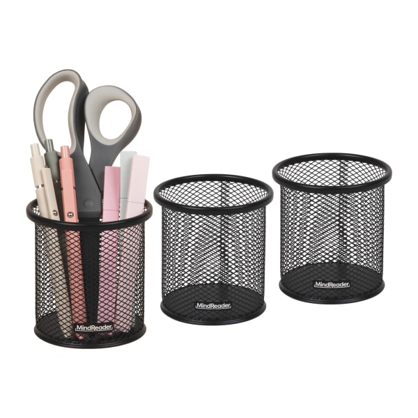 Mind Reader Pen and Accessories Holder 3-3/4"H x 3-1/2"W x 3-1/2"D, Black, Pack Of 3 Paper Clip Holders