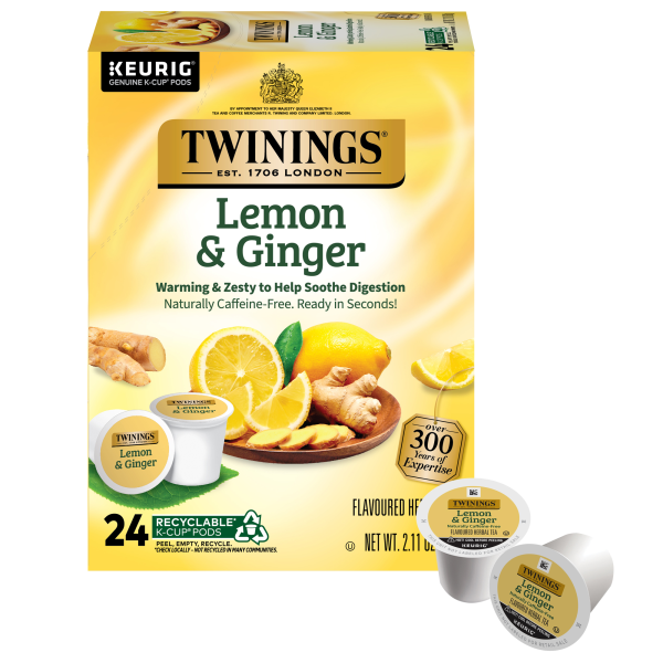 Twinings Lemon Ginger Decaffeinated Herbal Tea, K-Cup Pods, 2.8 Oz, Carton Of 24