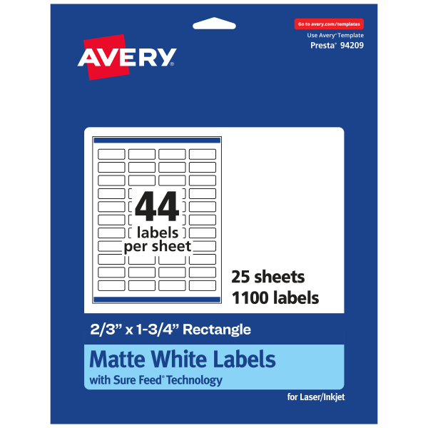 Avery� Matte Permanent Labels With Sure Feed�, Print To The Edge, 94209 Wmp25, Rectangle, 2/3" X 1 3/4", White, Pack Of 1,100 Labels