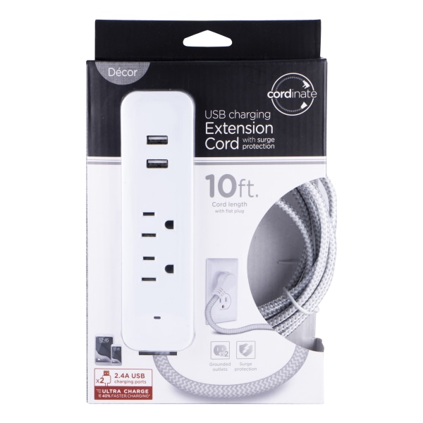 Cordinate 4Outlet 16Gauge USB Extension Cord With Surge Protection 10 GrayWhite