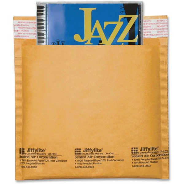 Sealed Air Jiffylite® Self-Seal CD/DVD Bubble Mailers, 7 1/4" x 8", 100% Recycled, Satin Gold, Pack Of 25
