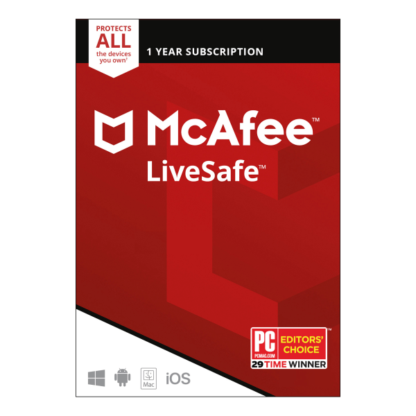 McAfee® LiveSafe™, Unlimited Devices, For PC/Mac®/iOS/Android, 1-Year Subscription, Download -  MLS9AEODUR1YI