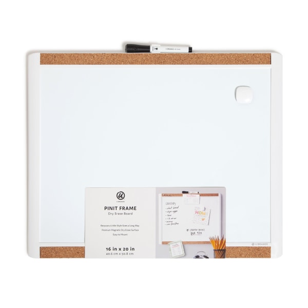 U Brands PINIT Magnetic Dry-Erase Bulletin Board, Painted Steel, 20 x 16, White, Plastic Frame