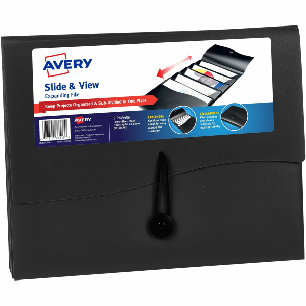 Avery® Slide & View Expanding File - Letter - 8 1/2"" x 11"" Sheet Size - 200 Sheet Capacity - 5 Pocket(s) - Black - 1 Each -  73517