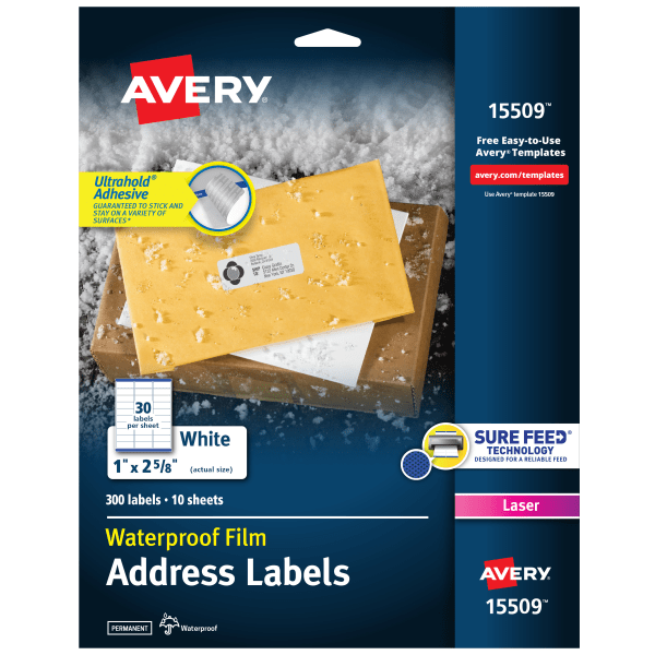 Avery® Printable Waterproof Labels with Sure Feed®, Rectangle, 1" x 2-5/8", Matte White, Pack Of 300